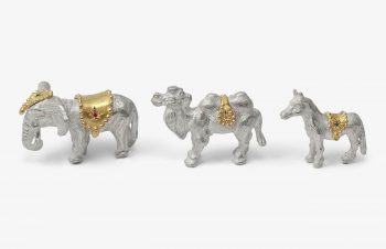 Weihnachtskrippe: Elefant, Kamel, Pferd, Silber, 750er Gold, Edelsteine