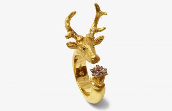 Tier-Ringe: Hirsch und Edelweiß, 750er Gold, Diamant, Saphir