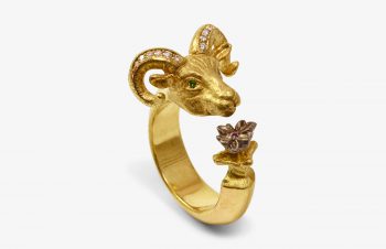 Tier-Ringe: Widder und Blüte, 750er Gold, Diamant, Tsavorit