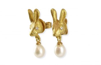 Tier-Ohrringe: Hase, 750er Gold, Perle